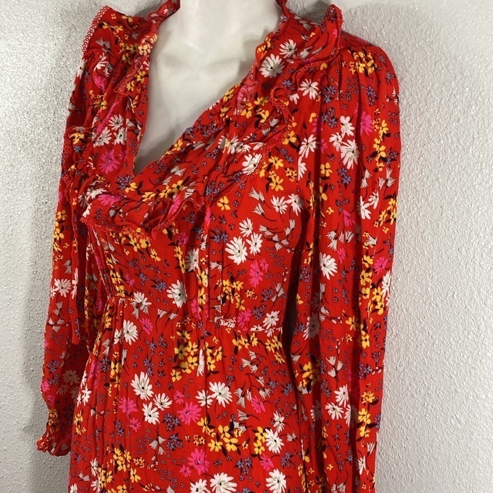 Oliver Bonas Floral Print & Frilled Bib Trim Red Midi Dress 2 EE29 - Picture 12 of 16